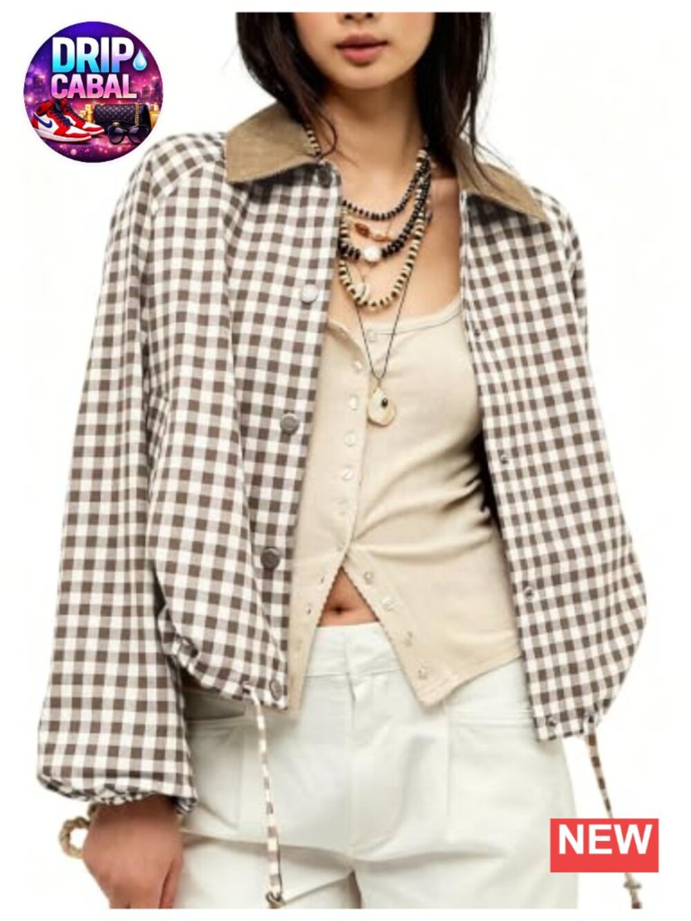 Megfie Women Gingham Plaid Cropped Jacket Button Down Drawstring Hem